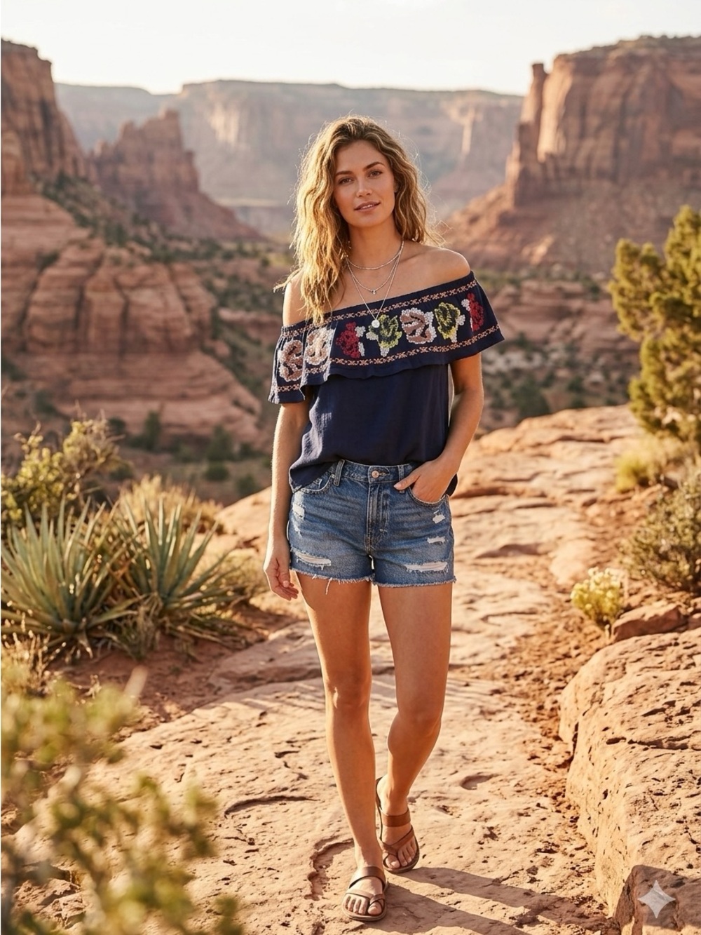 hazel Navy Embroidered Floral One-Shoulder Top